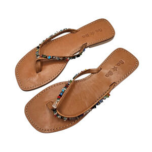 Na Na womens Sz 9.5 Thong Sandals Brown leather Chipstone Beaded Southwestern